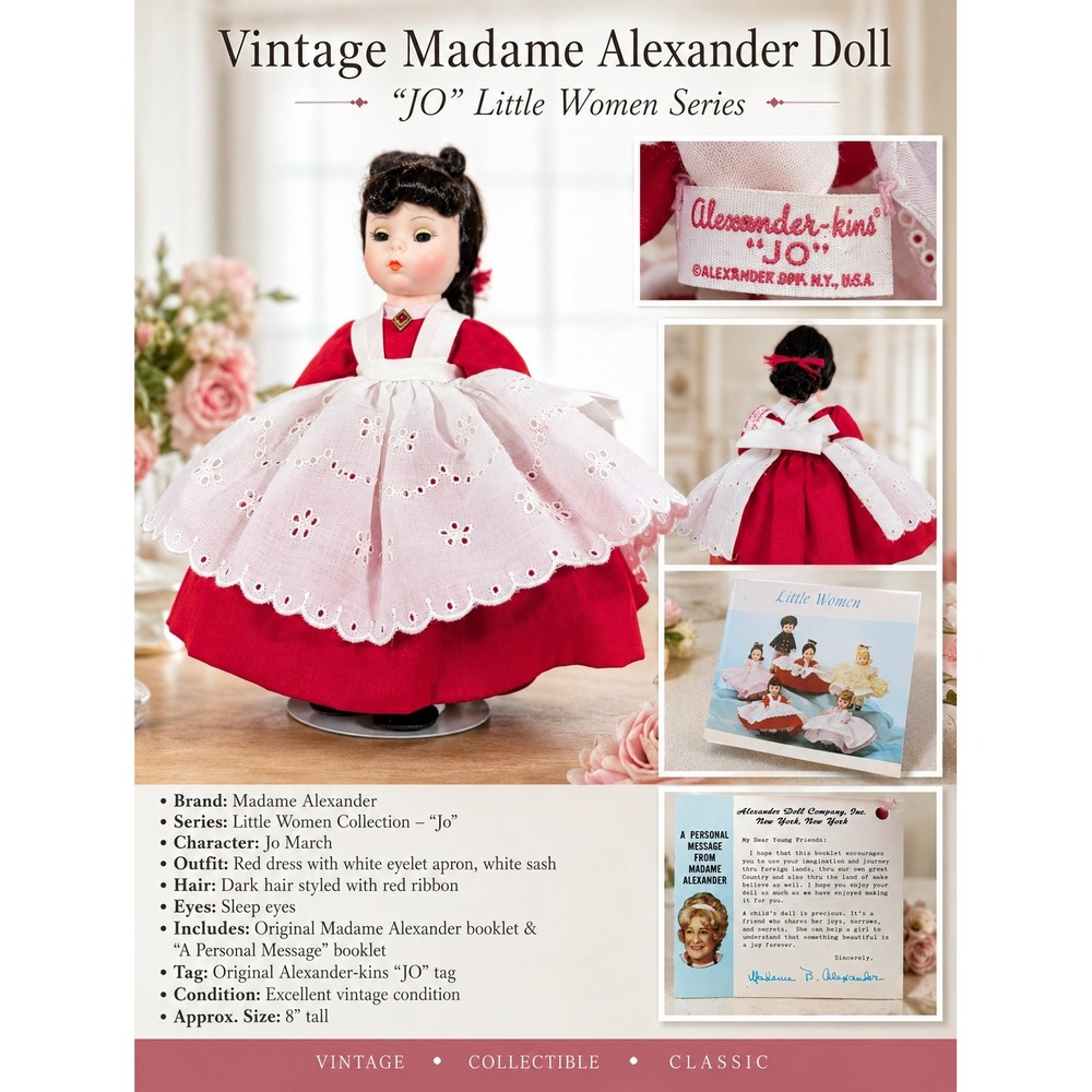 Madame Alexander Little Women Jo Doll Alexander-kins Red Dress White Apron 8"